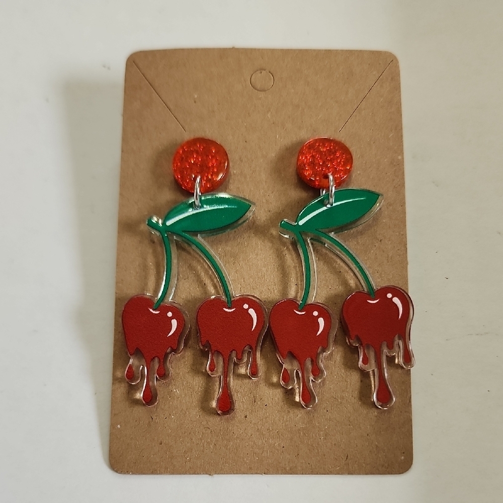 Colorful Geometric Acrylic Pendant Earrings Cherry Drip NWOT
